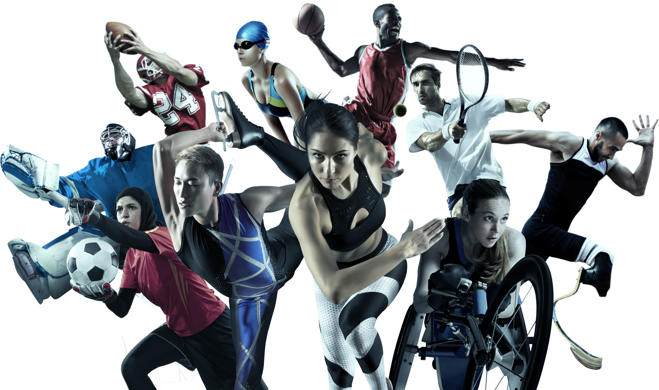 A collage of athletes from different sports: a hijabi soccer goalie, East Asian masc figure skater, masc American football and ice hockey players, at centre are white femme runner and wheelchair athletes, white masc tennis player, and and amputee sprinter wearing blade prostheses, and Black masc basketball player.